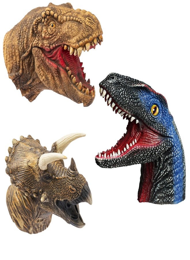 Yolococa Dinosaur Hand Puppets Realistic Latex Soft Animal Head Toys Set, Hand Puppet Toys Gift for Kids, Party Show Imaginative Play (Tyrannosaurus & Triceratops & Velociraptors) - Image 1